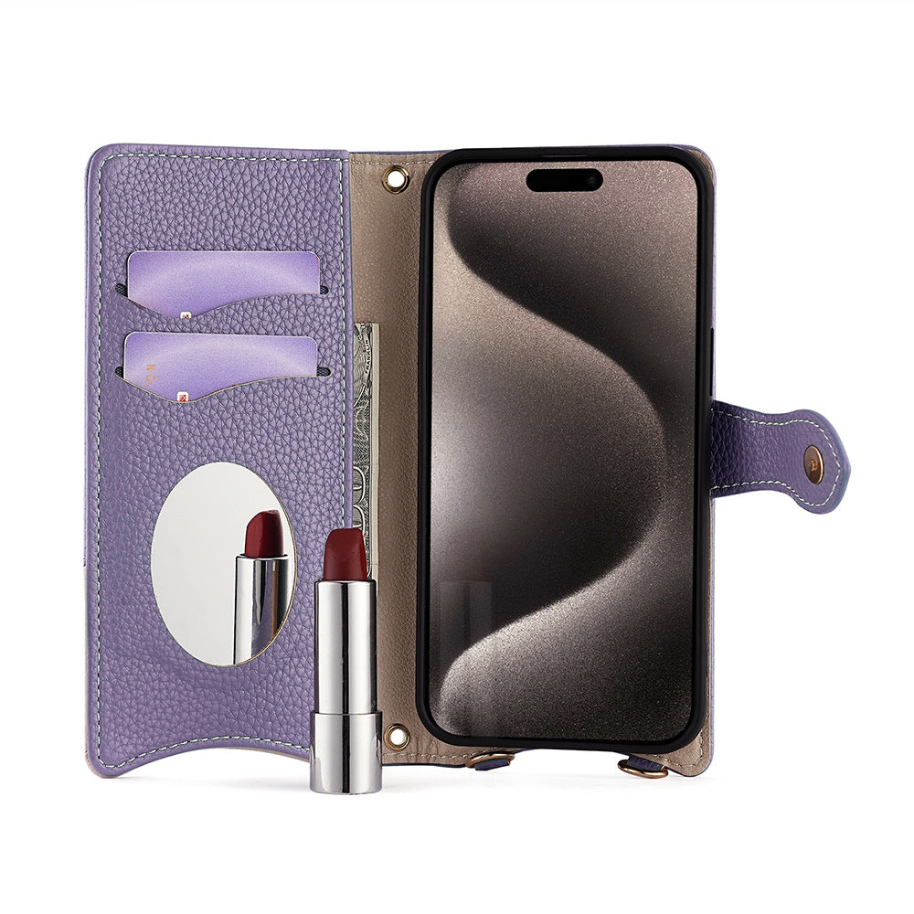 Makeup mirror Apple 17 Promax crossbody phone case suitable for iPhone 15 stand 16 card insertion 13 phone case