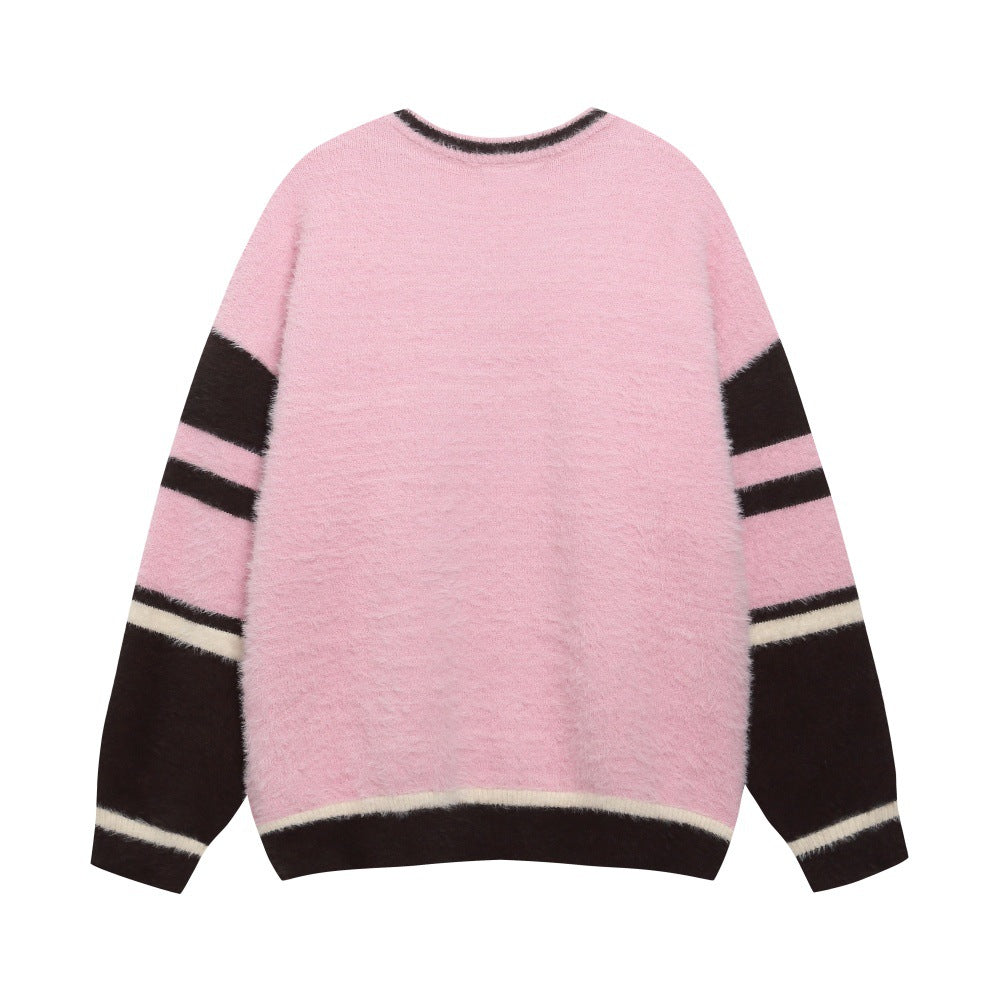 Color blocking jacquard letter V-neck sweater