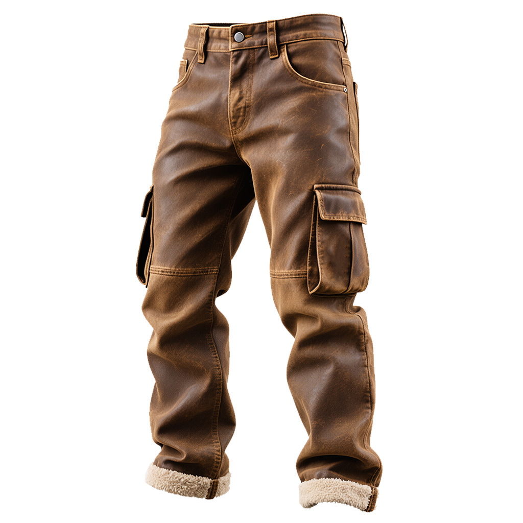 Retro Brown Leather Cargo Pants Men PU Straight Leg Casual Trousers