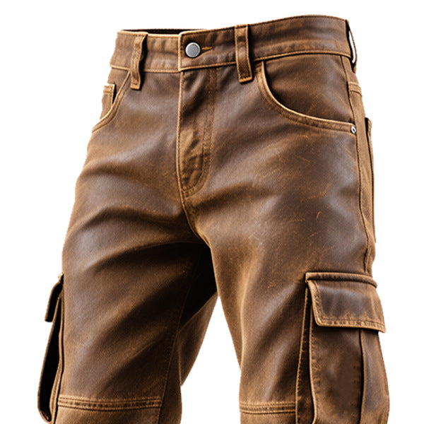 Retro Brown Leather Cargo Pants Men PU Straight Leg Casual Trousers