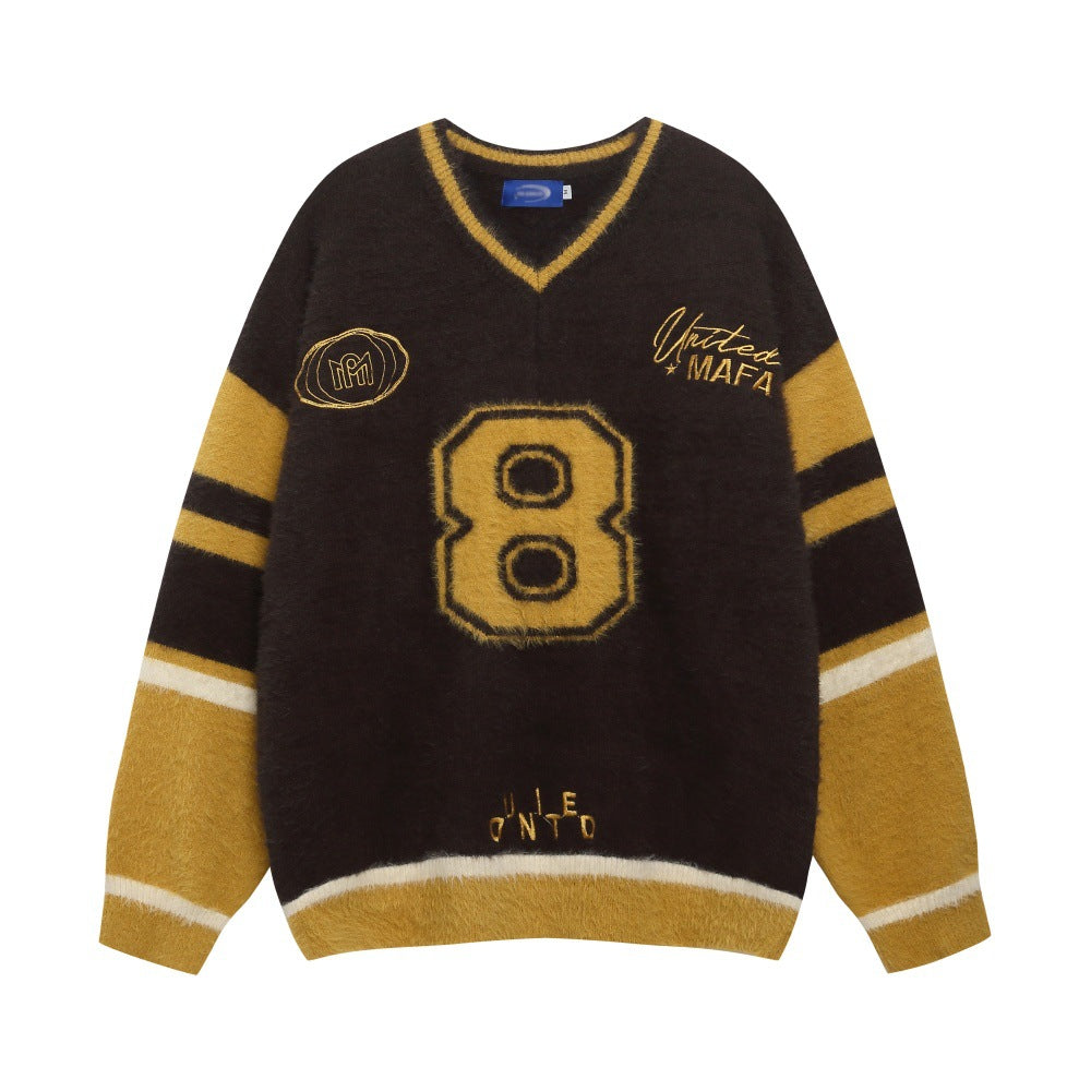 Color blocking jacquard letter V-neck sweater