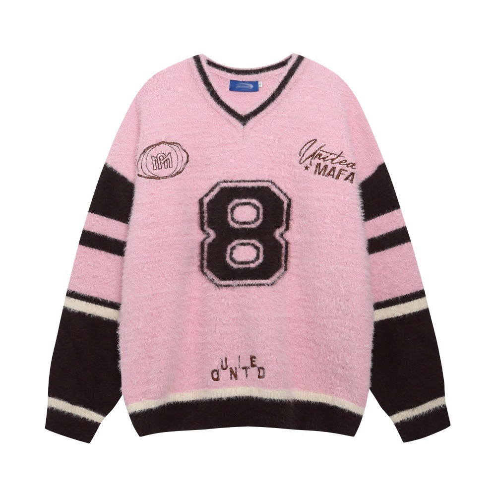 Color blocking jacquard letter V-neck sweater