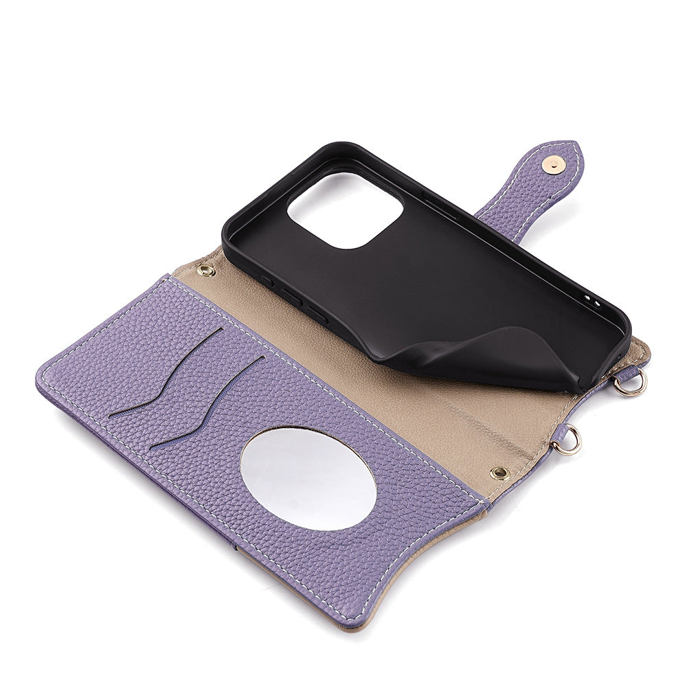 Makeup mirror Apple 17 Promax crossbody phone case suitable for iPhone 15 stand 16 card insertion 13 phone case