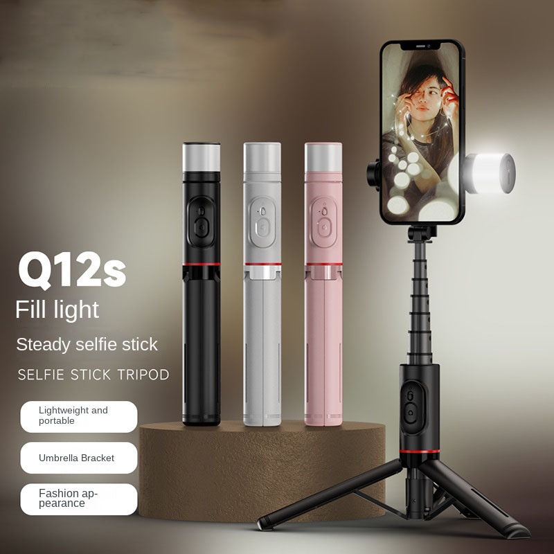 Mobile Phone Bluetooth Selfie Stick with Rotating Fill Light and Hidden Tripod Live Streaming Stand