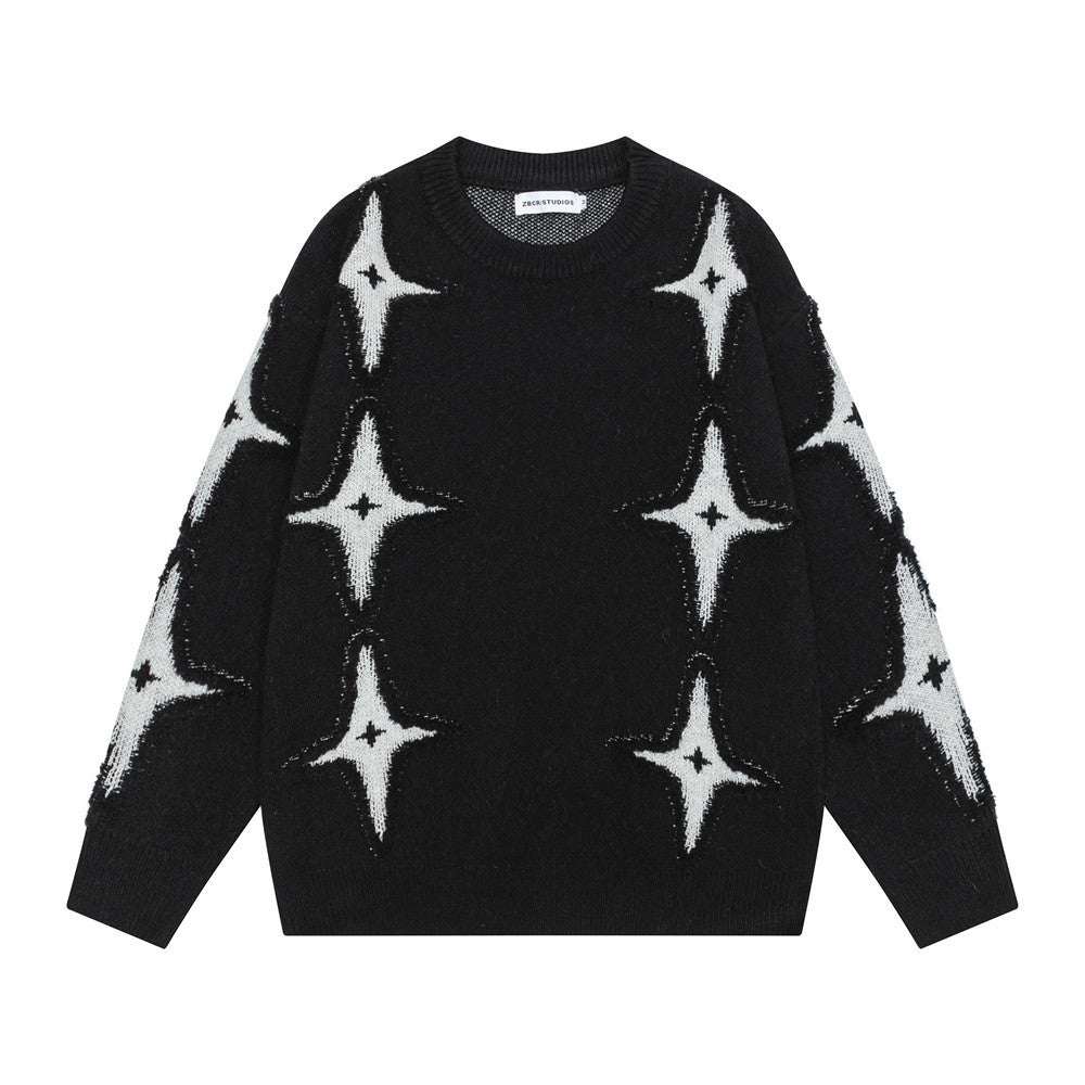 Cross star jacquard round neck sweater